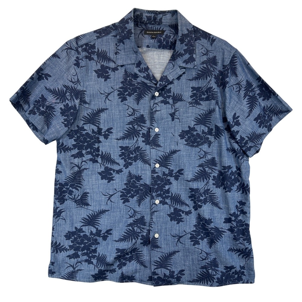 Banana‎ Republic Shirt Mens L Blue Floral Camp Short Sleeve Cotton Button Front